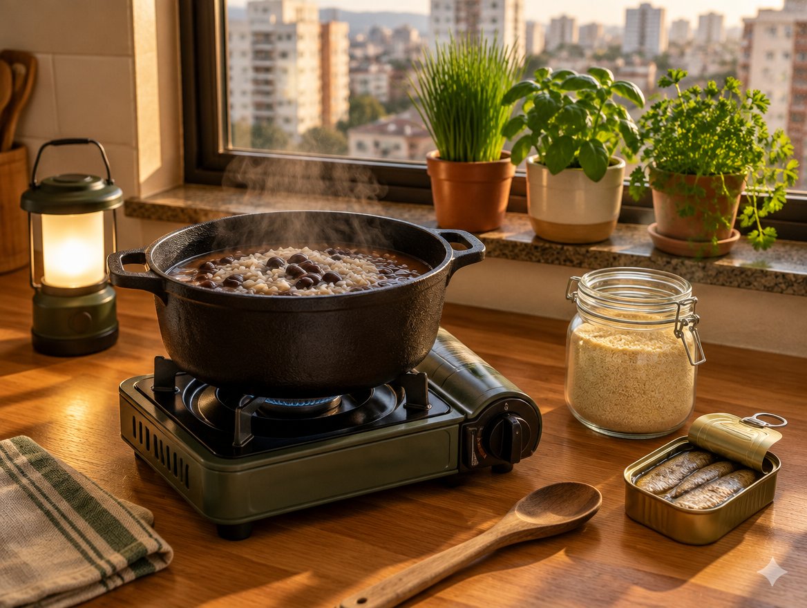 Fogareiro portátil preparando refeição em cozinha sem energia elétrica